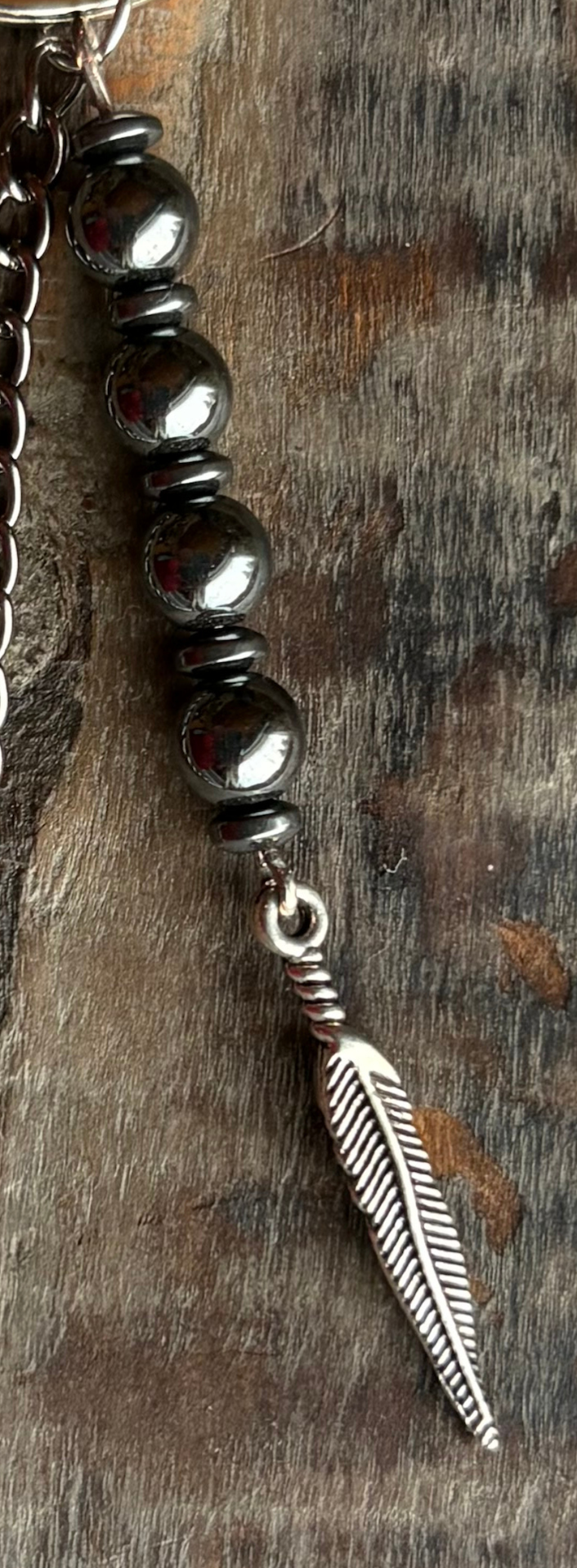 Feather and Hematite Keychain