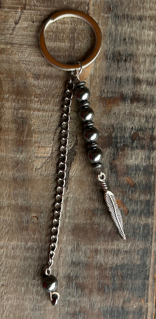 Feather and Hematite Keychain