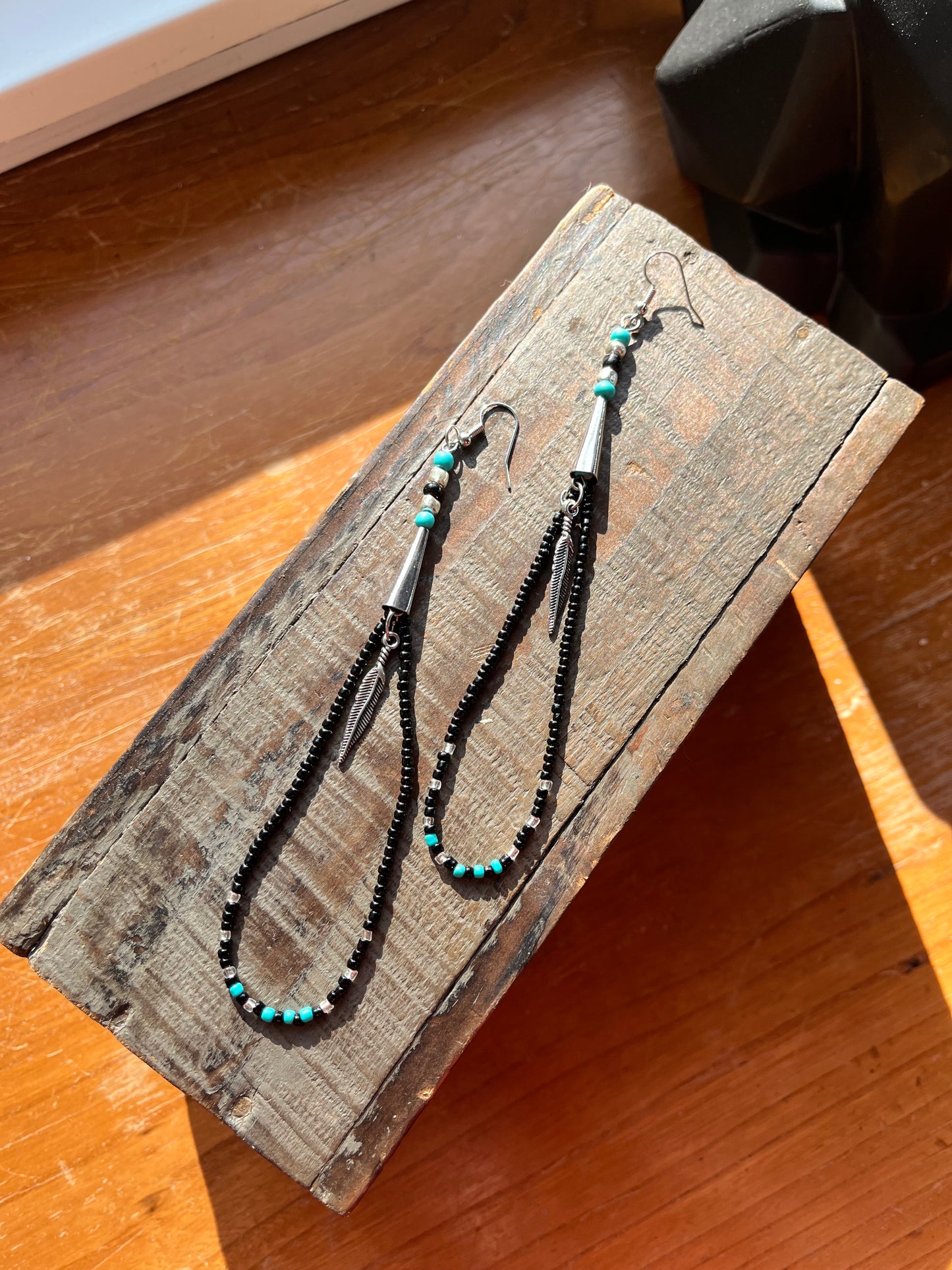 BEADED BLACK & TURQUOISE FEATHER EARRINGS