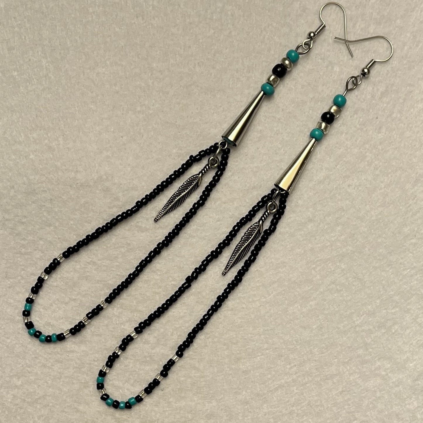 BEADED BLACK & TURQUOISE FEATHER EARRINGS